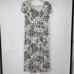 Women's Garnet Hill Silk Floral Midi Cream Black Dress 10 Petite